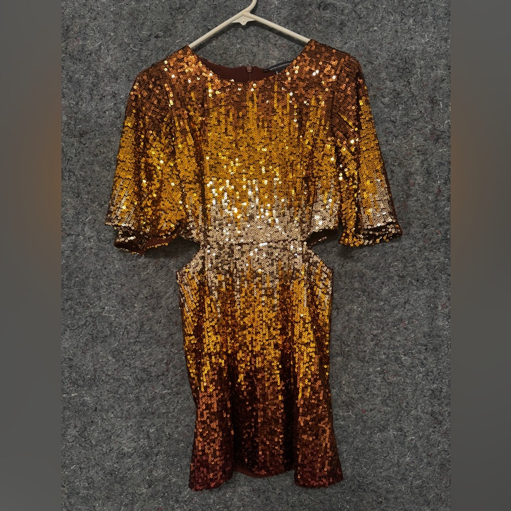 French Connection Sequin Flare Short Sleeve Mini Dress - Waist Cut Out Detail